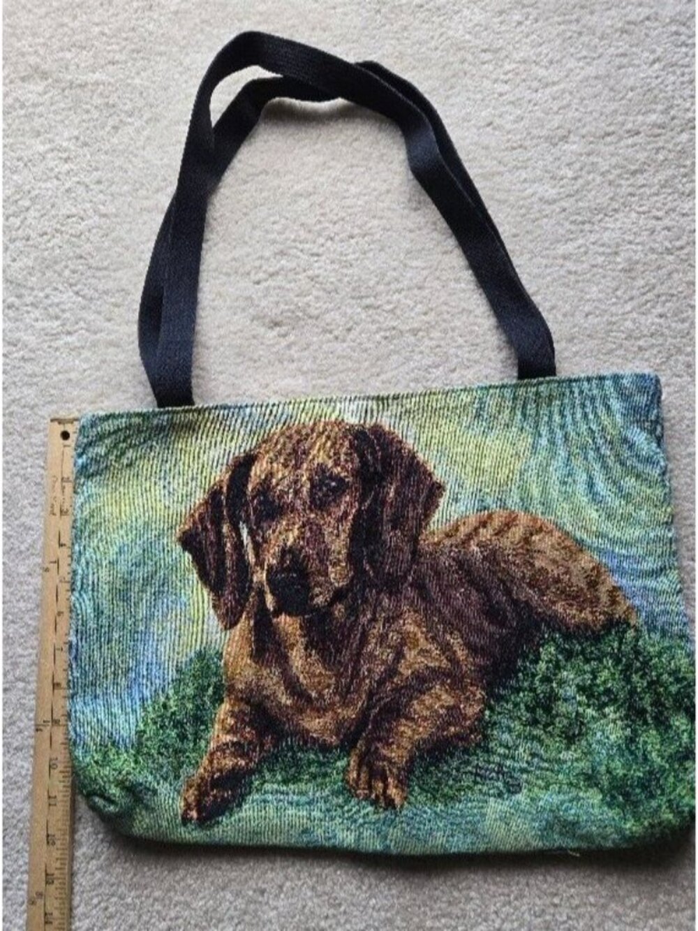 Linda Picken Brown Dachshund Signed Tapestry Tote Green Background - Picture 3 of 5